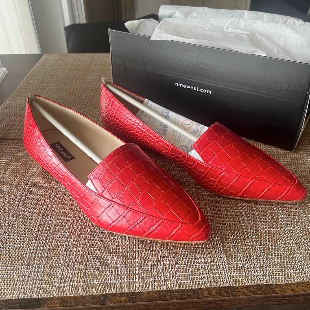 Nine West Red Croc-Embossed Pointed Toe Loafers